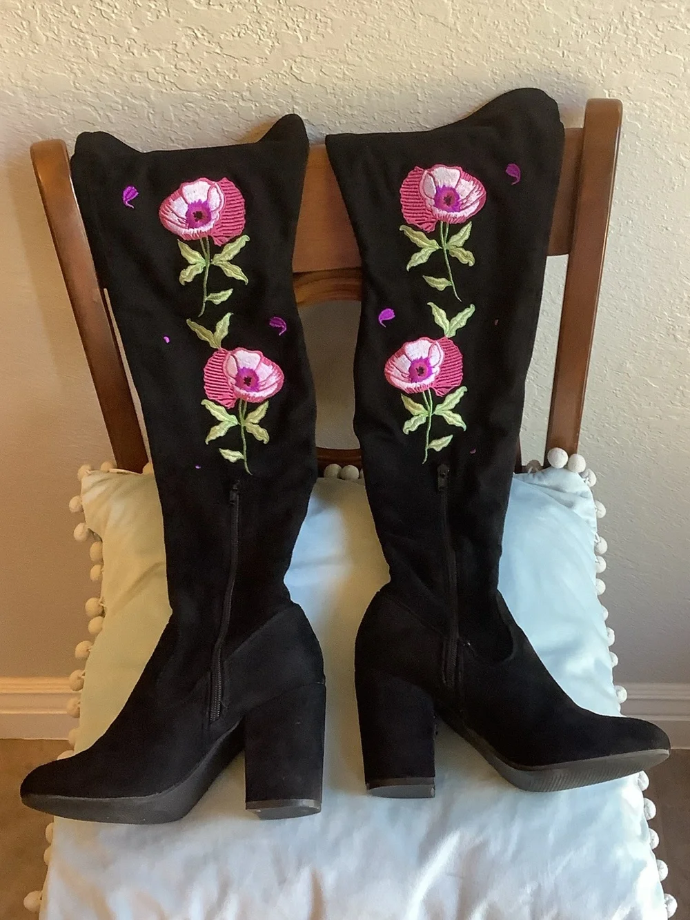 Carlos by Carlos Santana Black Over-the-Knee Boots with Pink Floral Embroidery